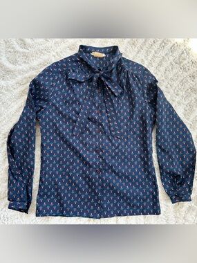 Vintage 1970s Navy Floral Tie-Neck Long-Sleeve Blouse
